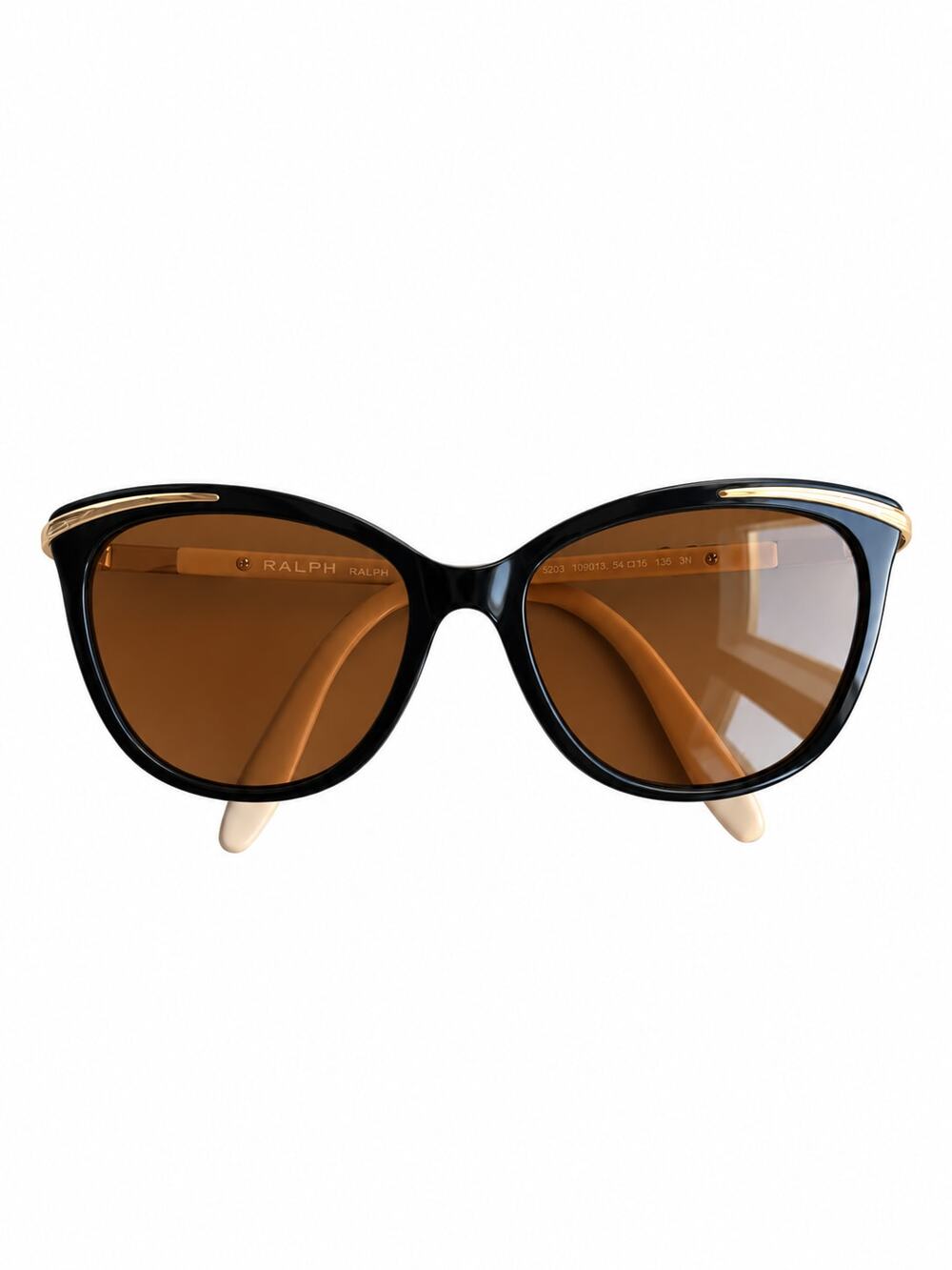 Ralph Lauren Black Cat Eye Sunglasses Brown Lens Gold Accent Designer Old Money